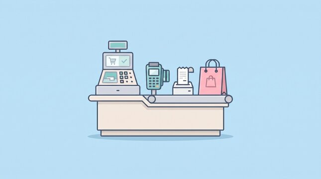 Modern checkout counter with cash register, payment terminal, receipt and shopping bag in flat design isolated on pastel background for retail payment concepts.