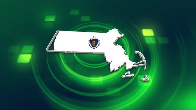 Massachusetts State (USA) Flag on its State Map, 3D Map Flag Opener , Suitable for Politics, Elections, July 4th, News and Sports Events and Memorial Day
