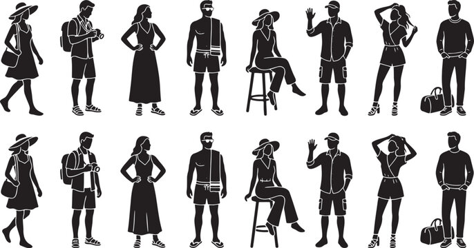 Tourist people characters standing in summer fashion poses
