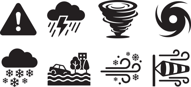 Extreme weather conditions and natural disaster icons set