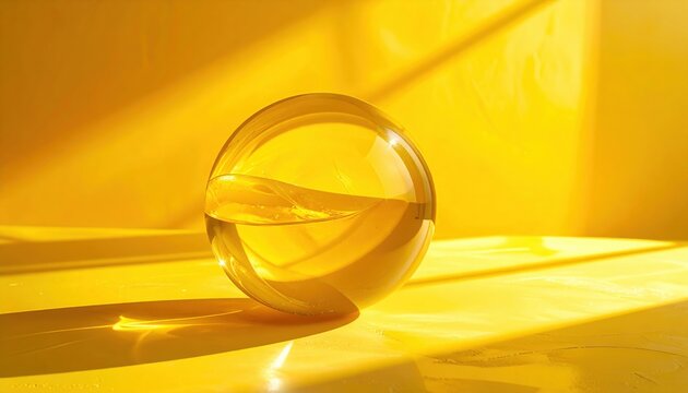 Glass Marble with Sunlit Surface Casting Soft Shadows in Vibrant Yellow Studio Setting