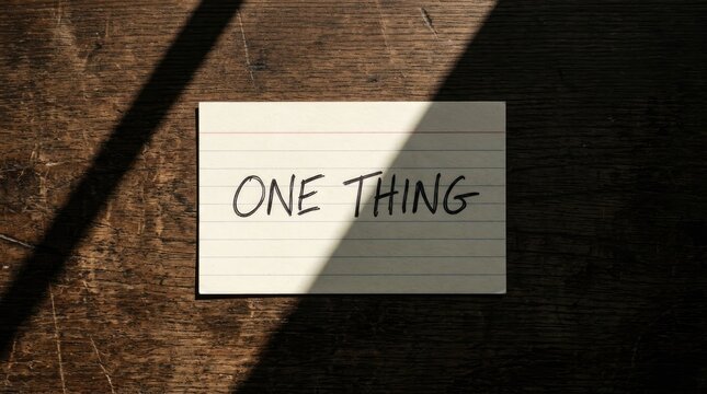Handwritten note displaying one thing text resting on rustic wooden table with sharp natural sunlight shadows
