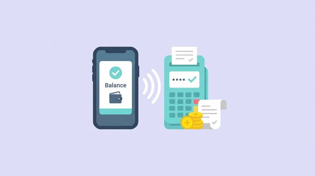 Digital wallet smartphone connected to checkout register with contactless payment and receipt in flat design isolated on pastel background for modern finance.