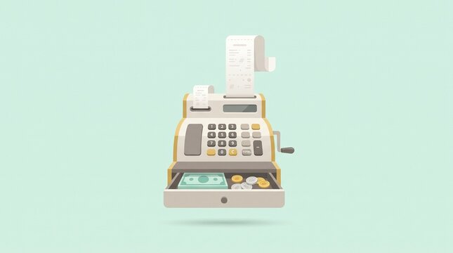 Traditional cash register with banknotes, coins and receipt in flat design isolated on pastel background, representing retail checkout, sales and cash transactions.
