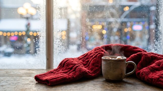 Steaming ceramic mug filled with hot chocolate featuring fluffy white marshmallows resting on a rustic wooden windowsill beside a cozy vibrant red knitted sweater during a cold snowy winter day.