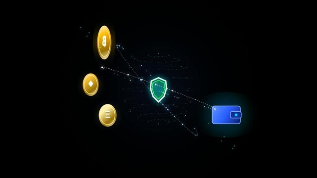 Glowing digital shield icon protecting cryptocurrency coins and a virtual wallet in a futuristic dark cyberspace network environment with floating particles and light effects 4k Motion Video