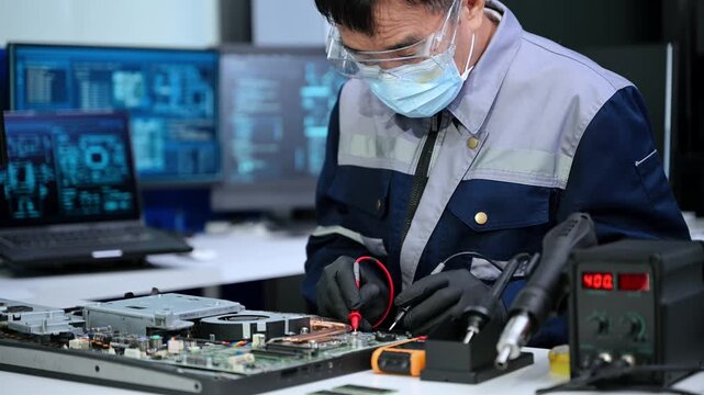  Asian engineer in safety gear tests a PC motherboard using a multimeter. High tech electronics repair and hardware maintenance concept.