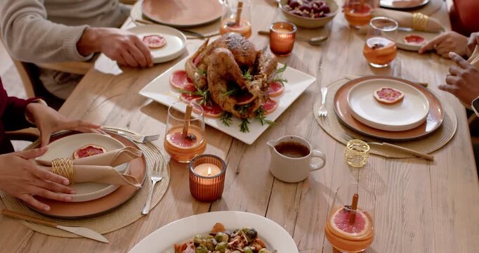 Family of four diners aligning chargers tucking napkins centering roast turkey after hands hovering