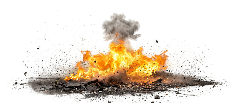 Big explosion with flying debris and smoke, isolated on transparent background
