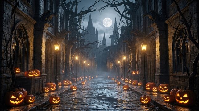 Spooky halloween street scene at night with glowing jack o lanterns and a full moon in the background