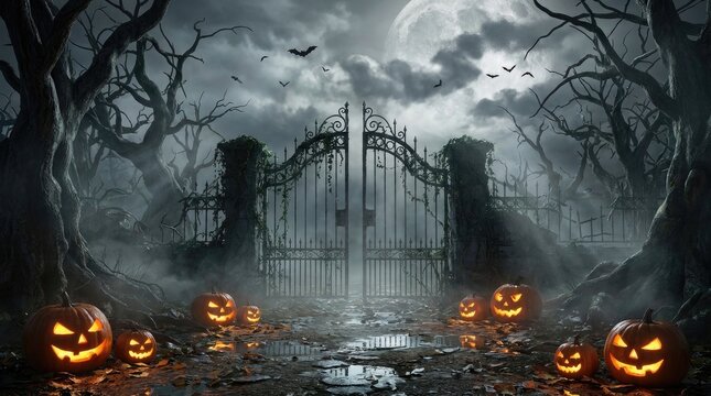 Spooky halloween background featuring glowing jack o lantern pumpkins before a dark cemetery gate under a full moon