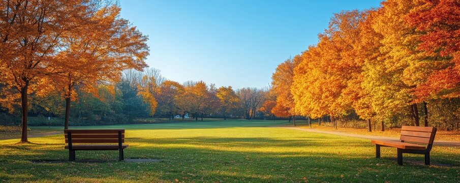 Colorful autumn Park with city view red and yellow maple trees and blue sky,Autumn forest path,Lawn in autumn city park in Sunny day,Trees with yellow leaves in park,Natural Wallpaper.