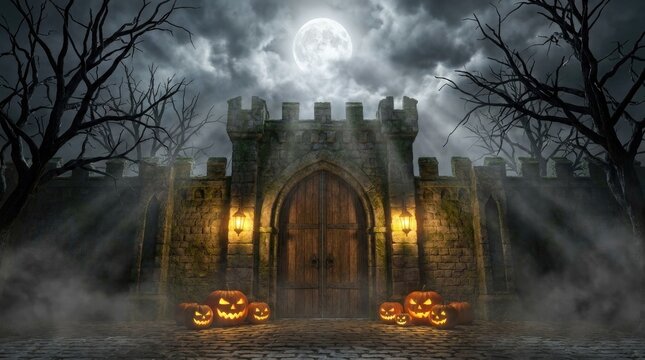 Spooky stone castle entrance with glowing jack o lanterns under a full moon for a dark halloween night
