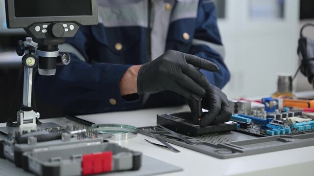 Professional Asian technician in safety gear uses a screwdriver to repair a computer hard drive. Electronics maintenance, data recovery