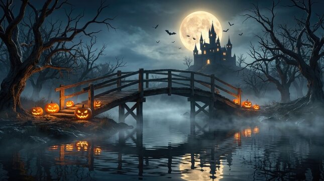 Spooky halloween landscape featuring a dark wooden bridge over a misty river with a glowing full moon background