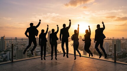 Fototapeta na wymiar Silhouette of successful business team jumping in joy on rooftop terrace at sunset, celebrating achievement, victory, and milestone, urban city skyline, happiness, freedom, energy