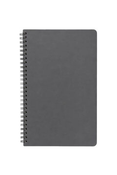 Simple gray spiral notebook with a dark cover and silver binding stands vertically on a white background
