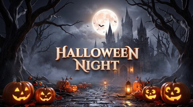 Spooky halloween night background featuring a haunted castle silhouette under a bright full moon with glowing jack o lanterns