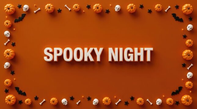 Festive halloween background featuring a decorative border of pumpkins and skulls with the text spooky night centered
