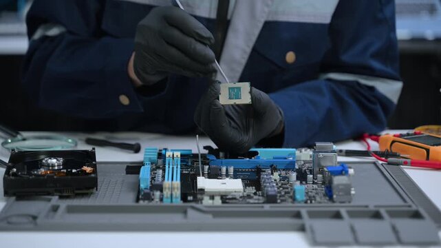 Technician with gloves installs CPU on motherboard using tools. High-tech computer repair, DIY hardware, and electronics maintenance