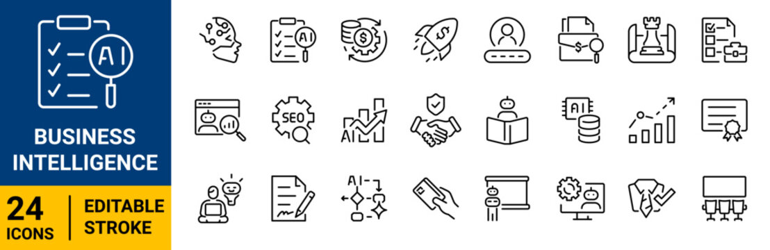 Business intelligence outline icon set. Linear vector icons with editable strokes.