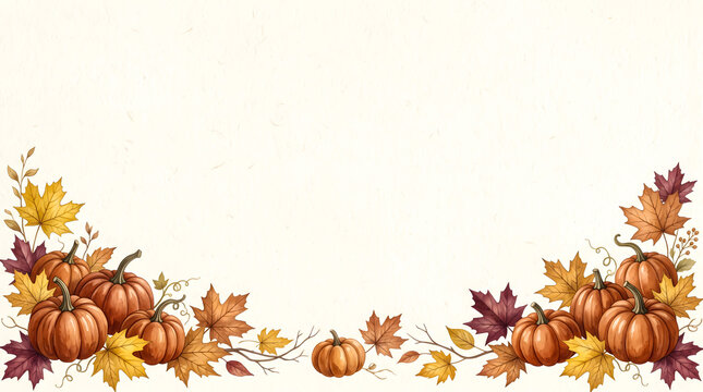 Pumpkin and maple leaf border watercolor autumn border with pumpkins and colorful fall leaves thanksgiving border