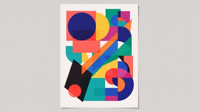 Geometric abstract poster design displays vibrant overlapping colorful shapes on a clean white background.