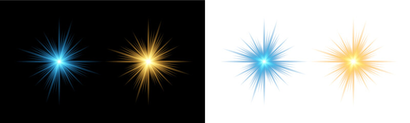Fototapeta premium Set of glowing light star bursts with rays in blue and gold isolated on transparent background