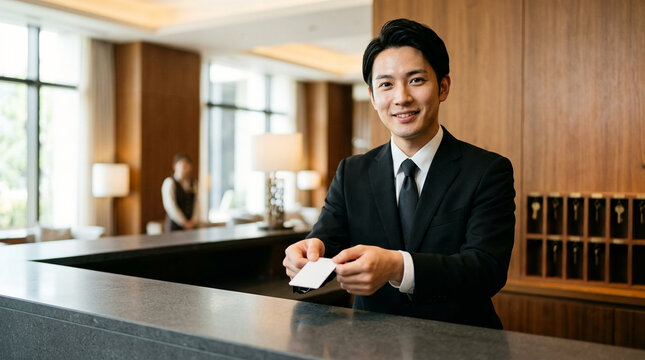 Professional Japanese Male Hotel Receptionist Handing Over Key Card at Luxury Front Desk Counter with a Welcoming Smile and Formal Suit