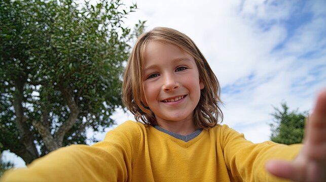 Create a first-person view of a smiling 7-year child taking a selfie and waving, with a level of realism comparable to a photograph. bright and cheerful photo -