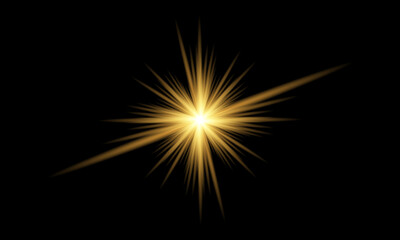 Fototapeta premium Golden starburst light effect with rays isolated on black background