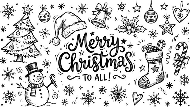 Hand drawn christmas doodle collection with festive holiday elements and merry christmas to all calligraphy lettering design