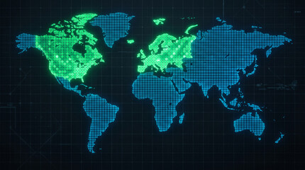 Naklejka premium Digital world map in pixels, highlighting North America and Europe in green against a blue background, representing global connection and data visualization