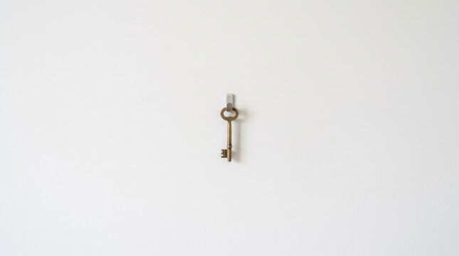 Vintage brass key hanging on a small silver hook against a clean minimalist white wall background