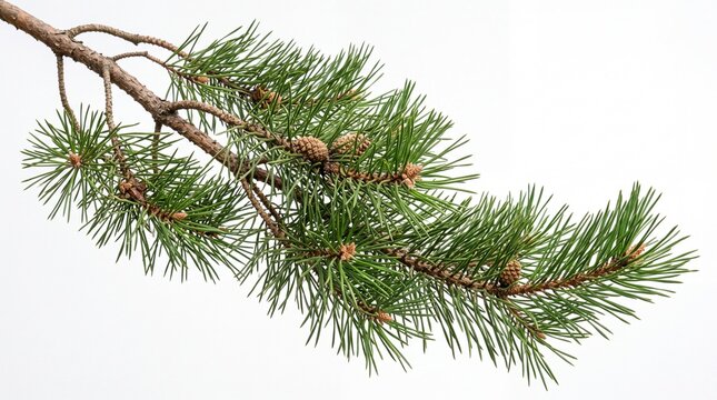 Evergreen pine branch with green needles and small cones, natural coniferous tree twig on white background, winter forest foliage