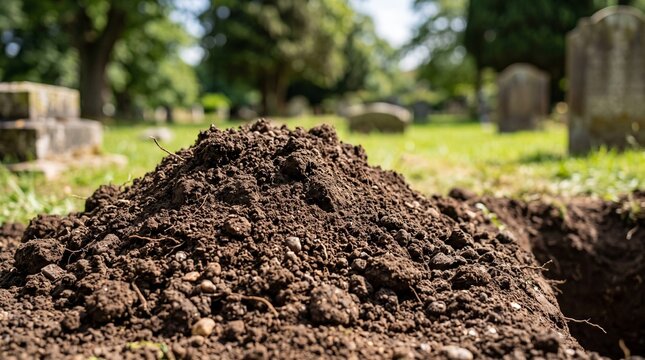 Grave soil pile fresh, Fresh soil pile on grave in cemetery with headstones and green trees