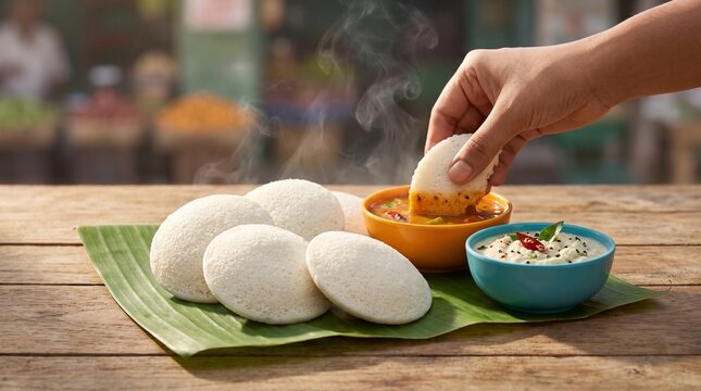 Idli lentil cakes, Traditional South Indian idli served with sambar and chutney on banana leaf  