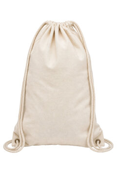 Empty beige fabric drawstring bag with textured surface and ropes, isolated on a clean white background, perfect for mockup designs