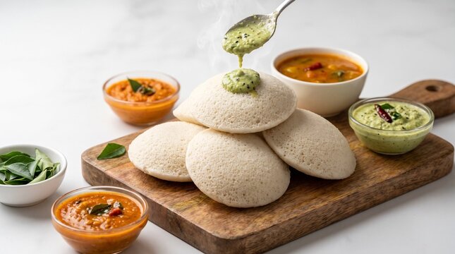 Idli lentil cakes, South Indian idli served with chutney and sambar on wooden board  