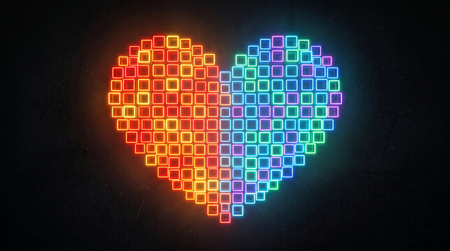 Glowing neon heart shape made of squares, split into warm red and cool blue colors, symbolizing love and emotion, perfect for Valentine's Day concepts.