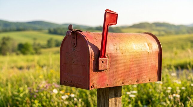 Retro mailbox red flag, Old red mailbox on wooden post in rural countryside with green fields  