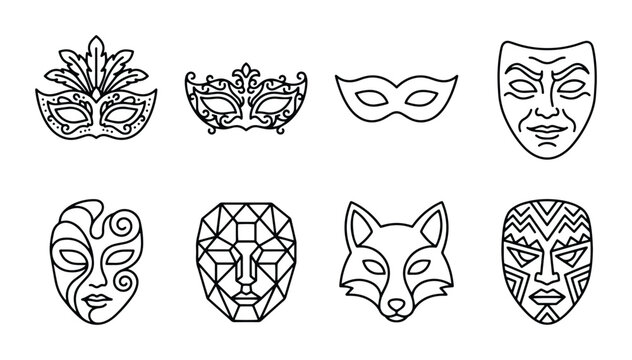 Masquerade Masks and Animal Faces Vector Icons, Venetian and Tribal Designs, Performance and Celebration Symbols