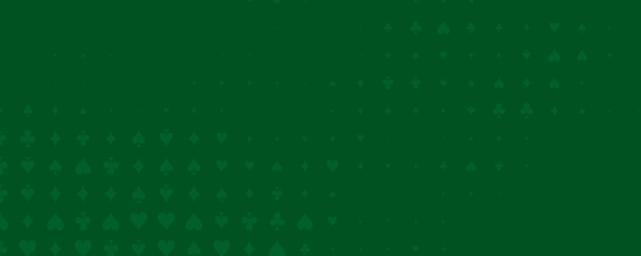 Casino poker suits seamless pattern, spades, hearts, clubs, diamonds texture on felt dark green background. Playing card symbols backdrop for gambling games, casino banners. Vector illustration.