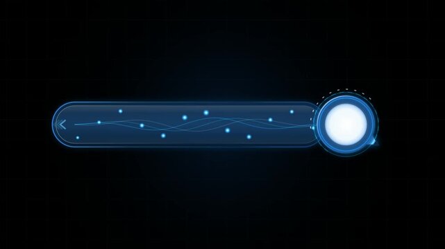 Digital loading bar with glowing blue light dots and circular button on black background for user interface design 4k Motion Video