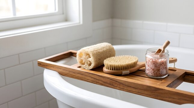 Natural luffa sponge with wooden bath brush and pink sea salt in glass jar arranged on beautiful cedar wood tray