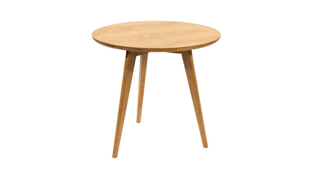Minimalist round wooden side table featuring smooth natural oak grain texture and sturdy three legged design isolated for interior design projects presented on transparent background