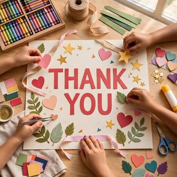 Kids Crafting Colorful Thank You Message