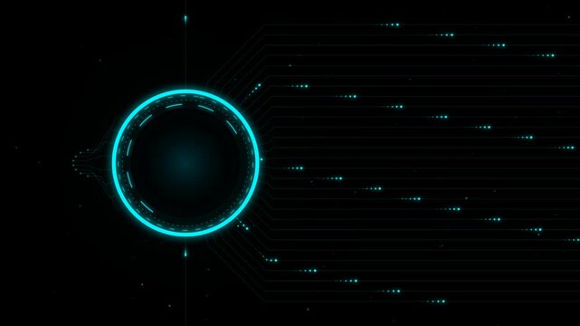 Glowing cyan digital circle interface with futuristic light speed lines on a dark background representing high speed data transfer and complex network connectivity 4k Motion Video