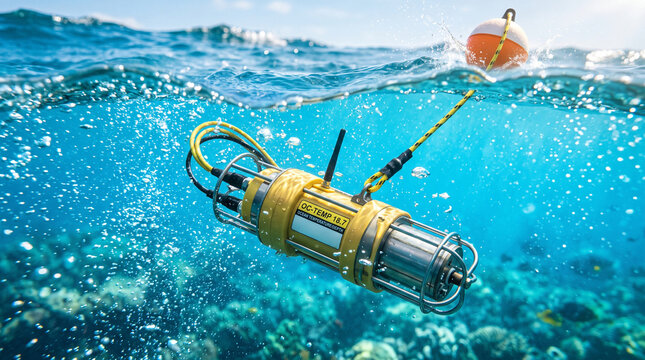 Ocean temperature probe, Underwater research instrument monitoring coral reef in clear ocean water  