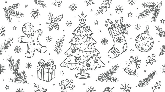 Seamless pattern with hand drawn christmas elements including decorated tree gingerbread man gifts and festive holiday ornaments